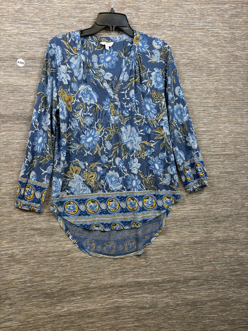 Lucky Brand Floral Henley Blue Yellow White Viscose Knit Tunic Top Womens Size M